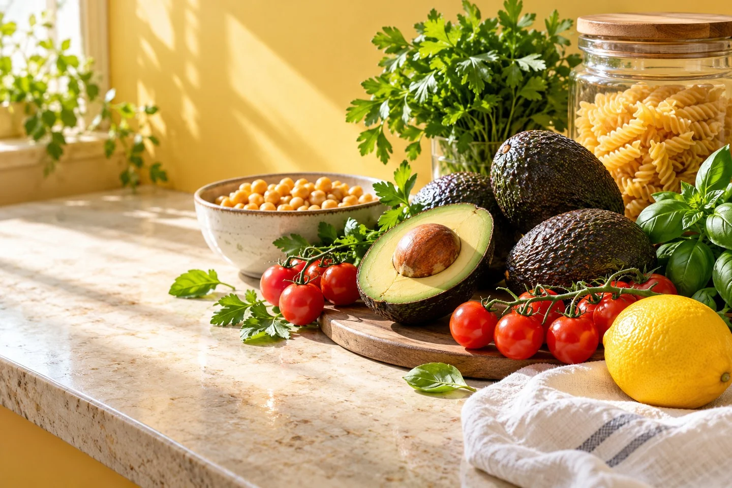 Fresh tomatoes, avocado, chickpeas and pantry ingredients on a sunlit kitchen counter
